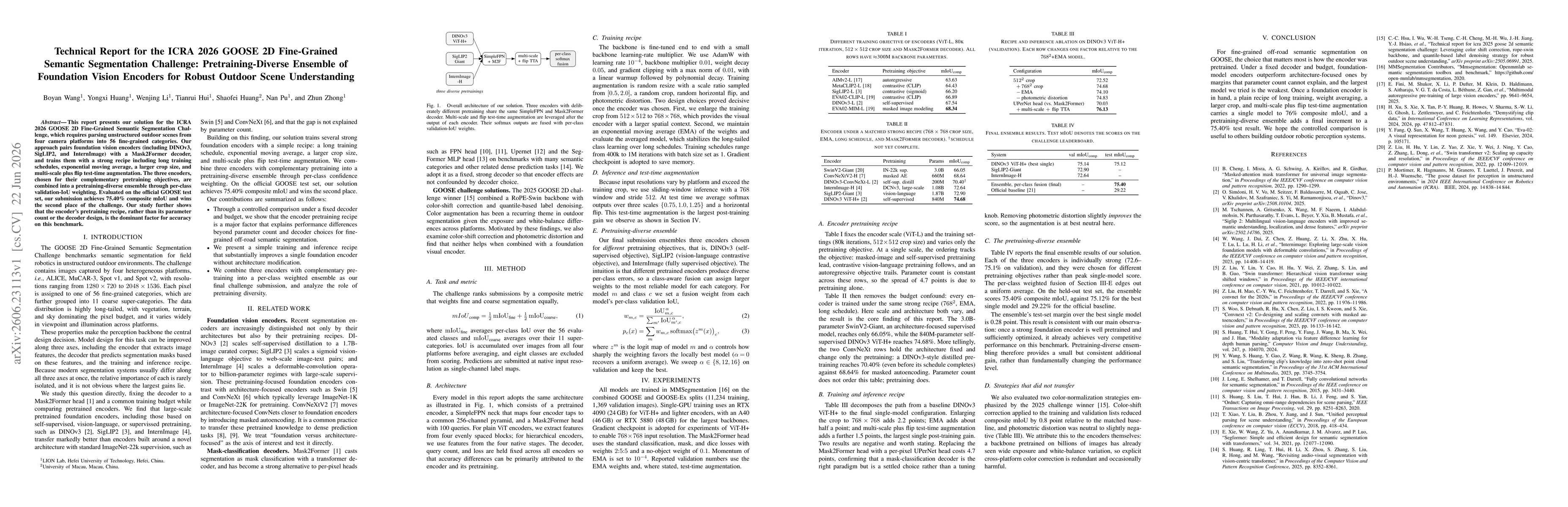 Thumbnail for Technical Report for the ICRA 2026 GOOSE 2D Fine-Grained Semantic Segmentation Challenge: Pretraining-Diverse Ensemble of Foundation Vision Encoders for Robust Outdoor Scene Understanding