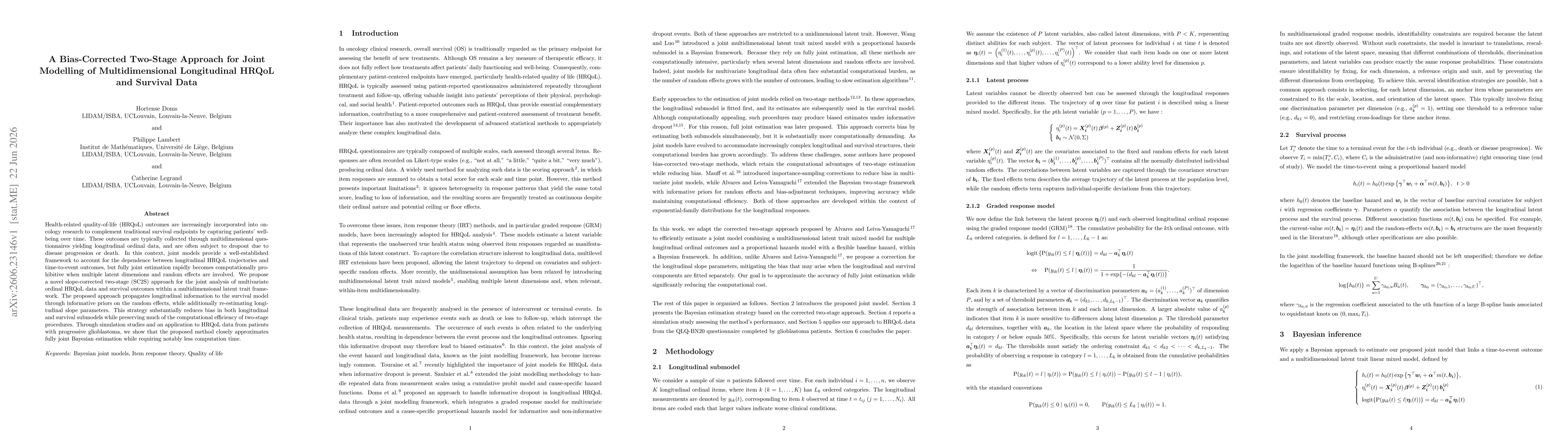 Thumbnail for A Bias-Corrected Two-Stage Approach for Joint Modelling of Multidimensional Longitudinal HRQoL and Survival Data