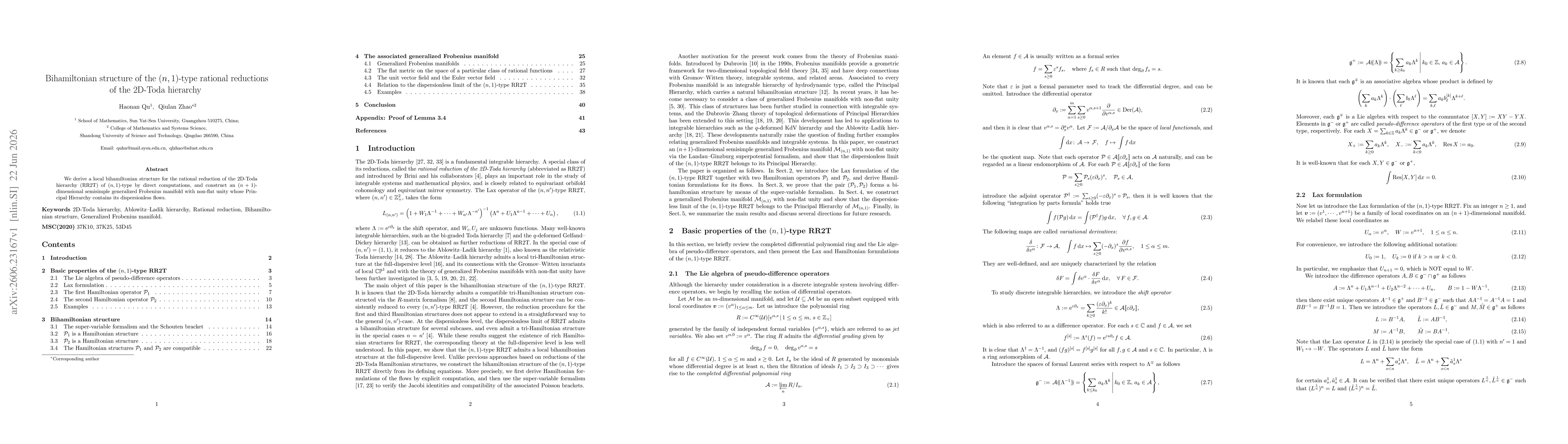 Thumbnail for Bihamiltonian structure of the $(n,1)$-type rational reductions of the 2D-Toda hierarchy