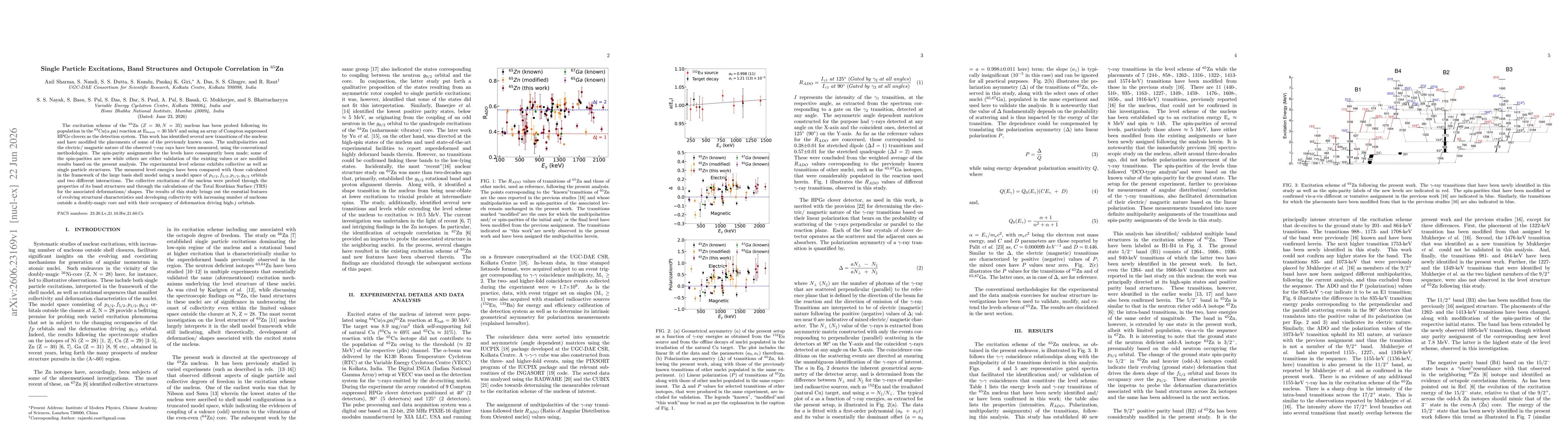 Thumbnail for Single Particle Excitations, Band Structures and Octupole Correlation in $^{65}$Zn
