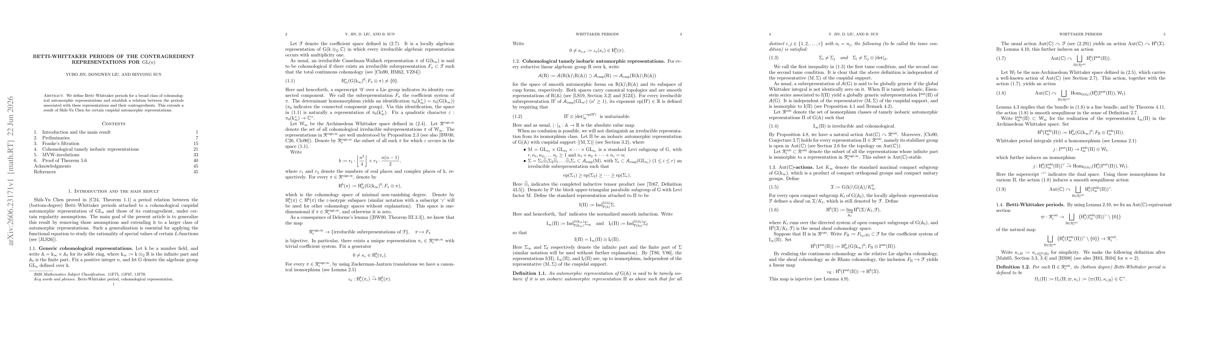 Thumbnail for Betti-Whittaker periods of the contragredient representations for $\textrm{GL}(n)$