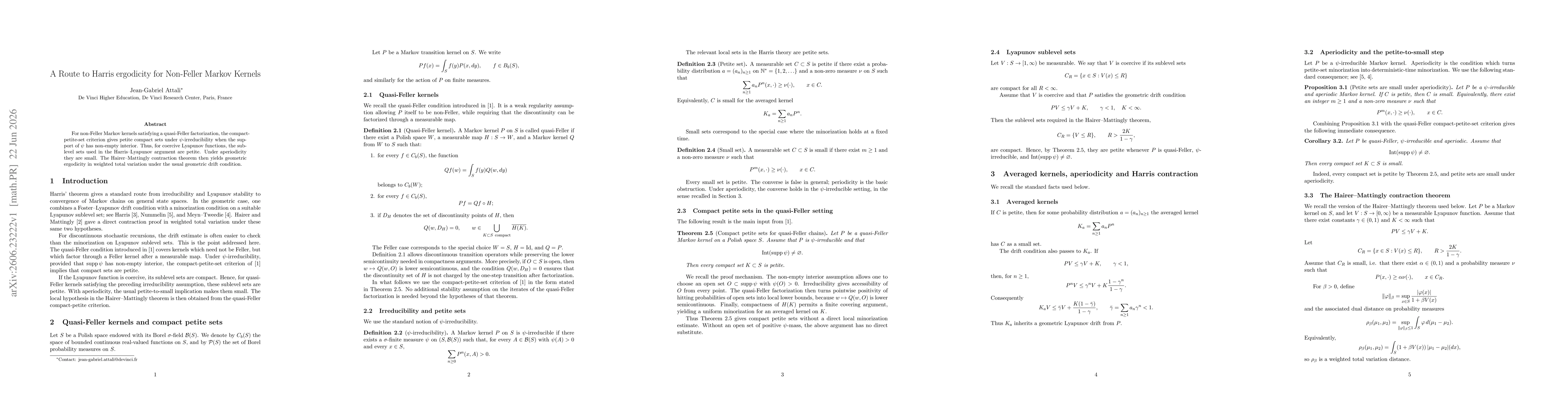 Thumbnail for A Route to Harris ergodicity for Non-Feller Markov Kernels