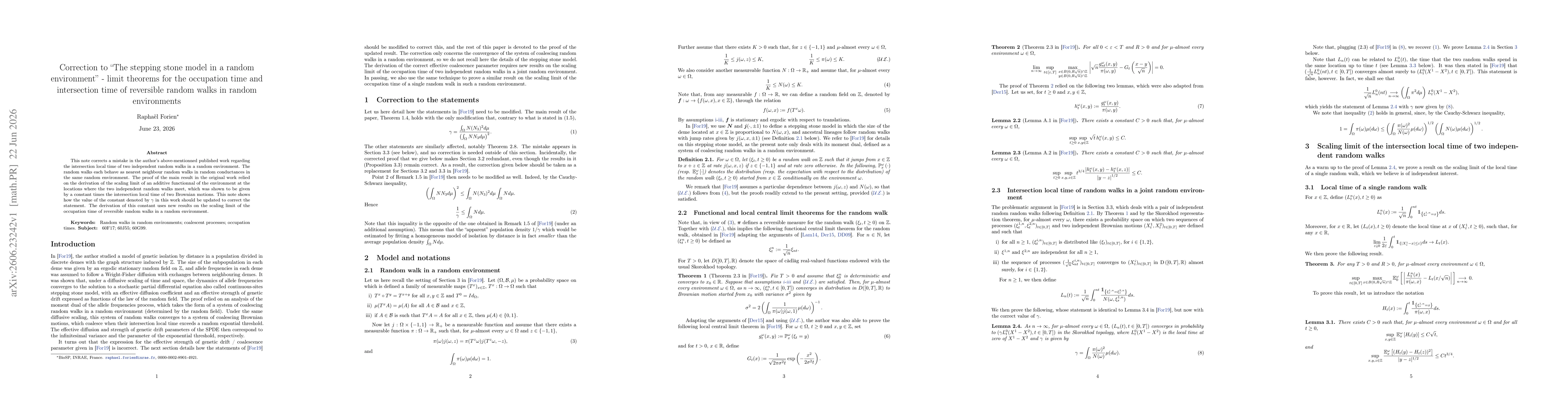 Thumbnail for Correction to "The stepping stone model in a random environment" -- limit theorems for the occupation time and intersection time of reversible random walks in random environments