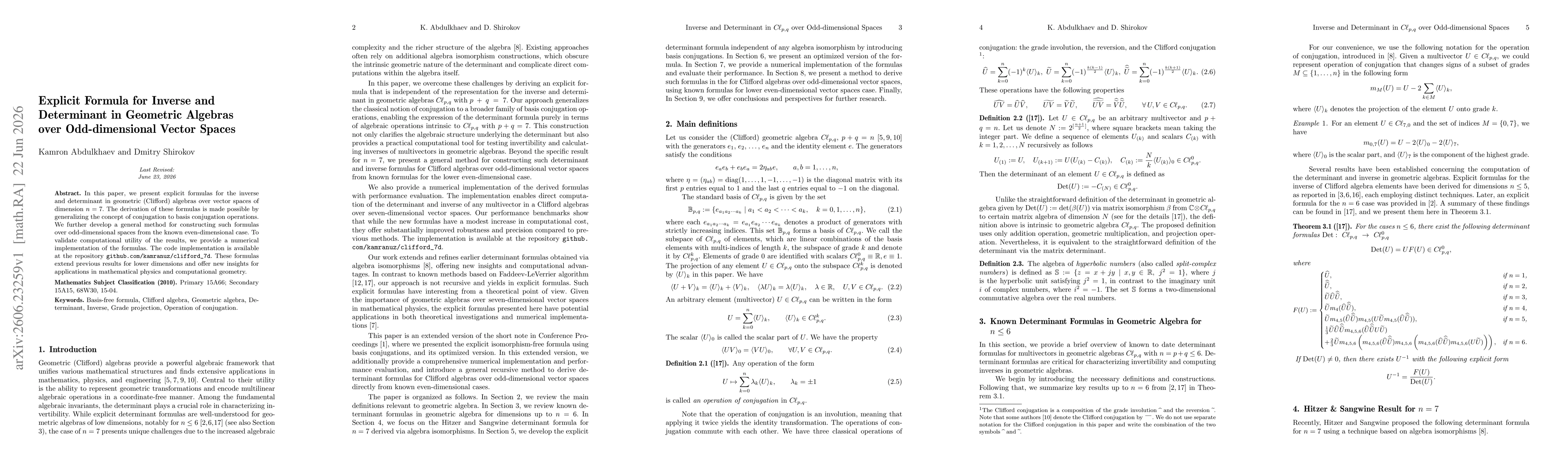 Thumbnail for Explicit Formula for Inverse and Determinant in Geometric Algebras over Odd-dimensional Vector Spaces