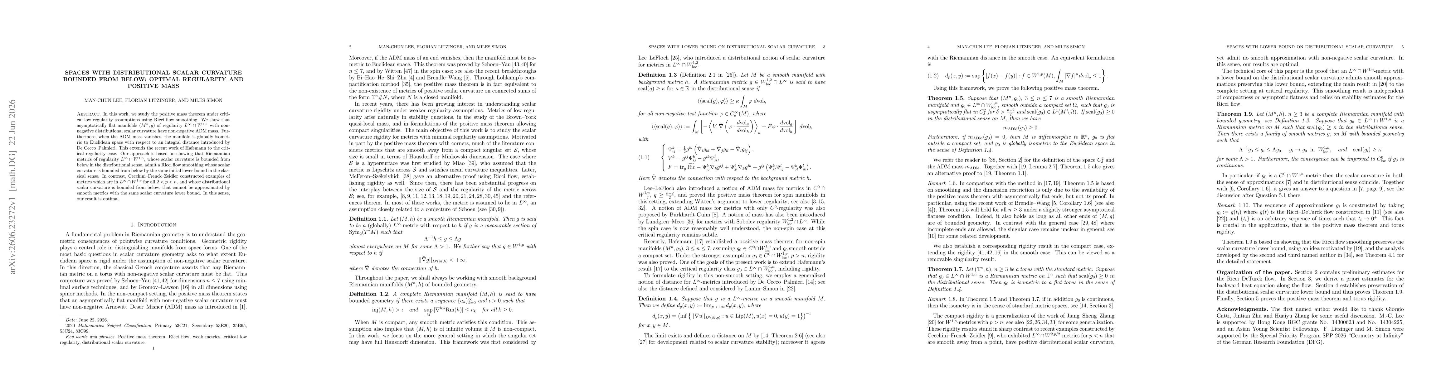 Thumbnail for Spaces with distributional scalar curvature bounded from below: Optimal regularity and positive mass