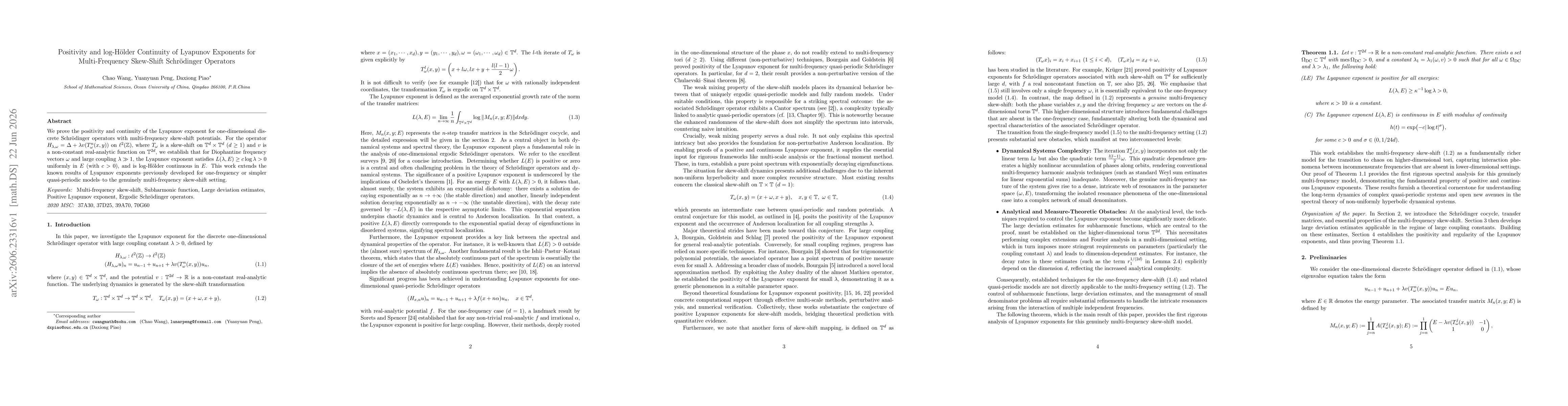 Thumbnail for Positivity and log-Hölder Continuity of Lyapunov Exponents for Multi-Frequency Skew-Shift Schrödinger Operators