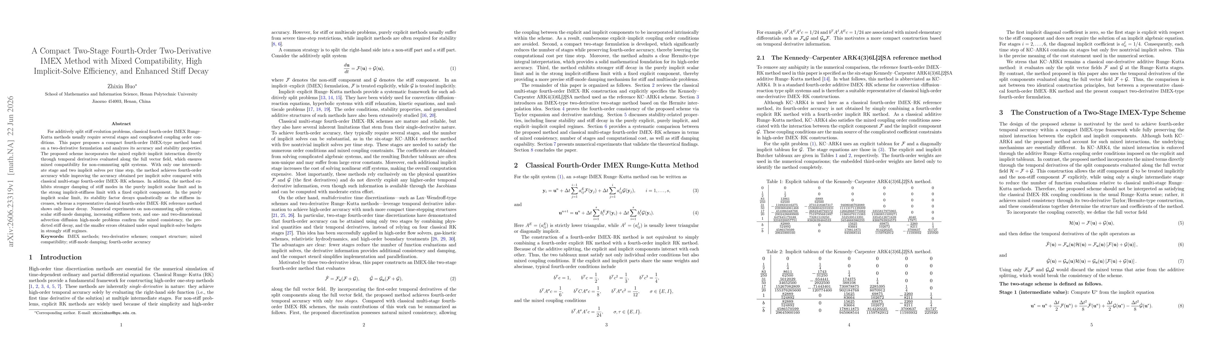 Thumbnail for A Compact Two-Stage Fourth-Order Two-Derivative IMEX Method with Mixed Compatibility, High Implicit-Solve Efficiency,and Enhanced Stiff Decay