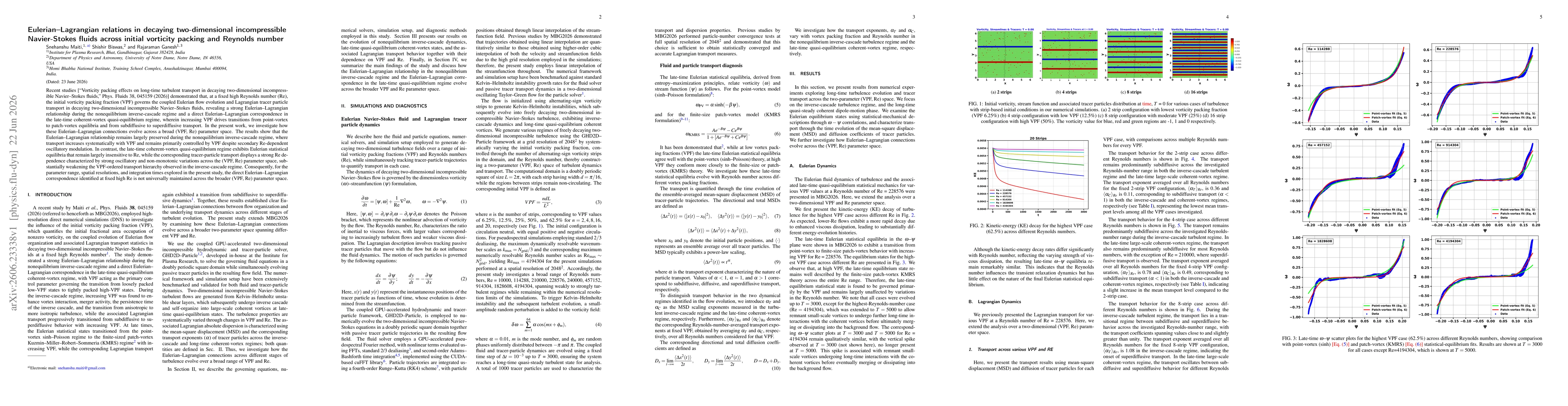 Thumbnail for Eulerian Lagrangian relations in decaying two dimensional incompressible Navier Stokes fluids across initial vorticity packing and Reynolds number