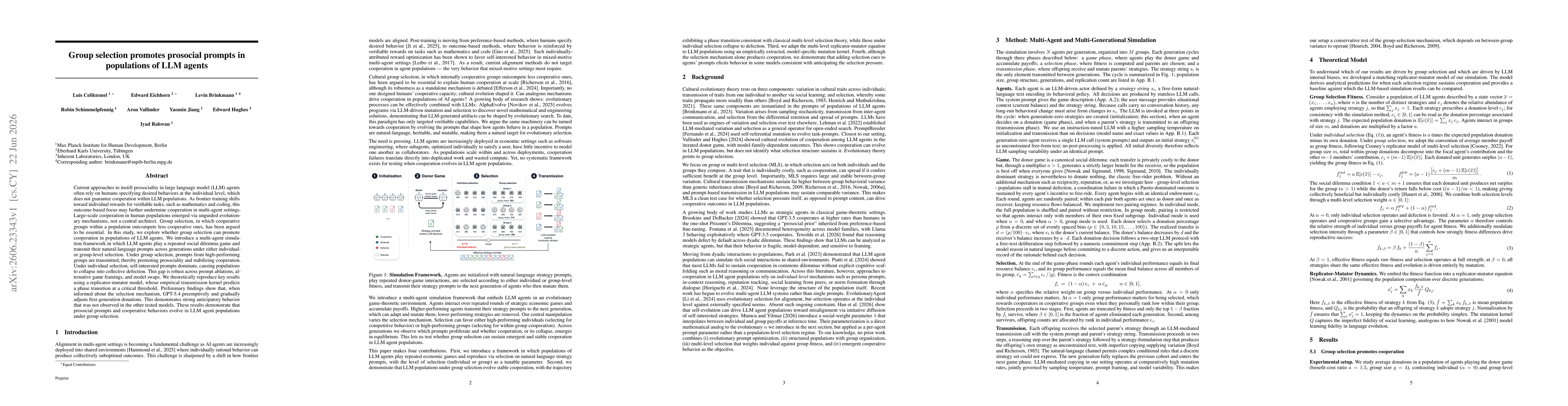 Thumbnail for Group Selection Promotes Prosocial Prompts in Populations of LLM Agents