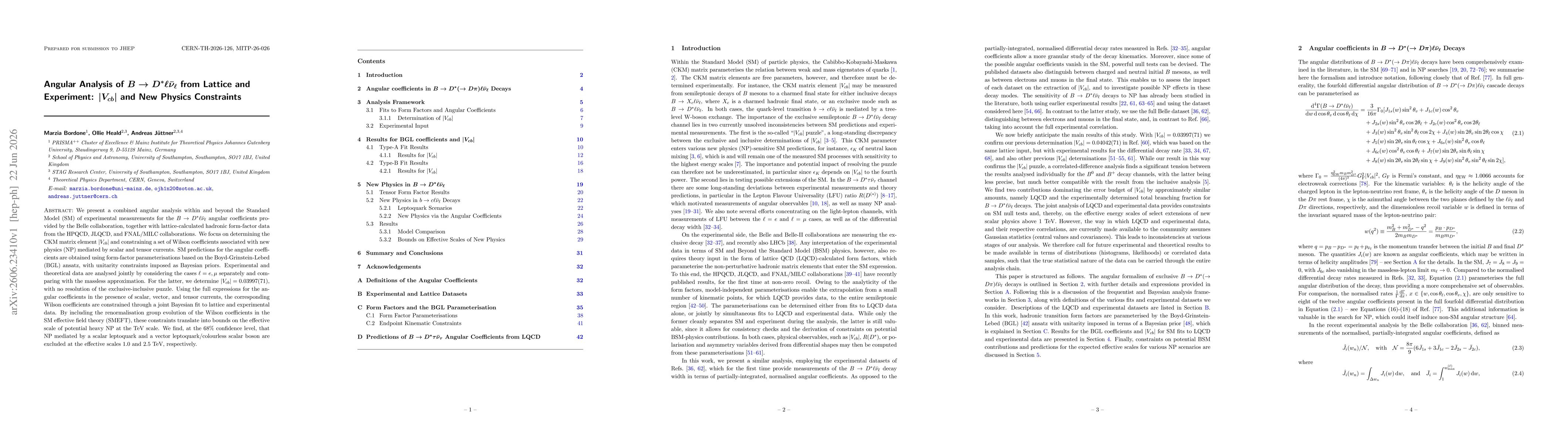 Thumbnail for Angular Analysis of $B \to D^{*}\ell \barν_{\ell}$ from Lattice and Experiment: $|V_{cb}|$ and New Physics Constraints