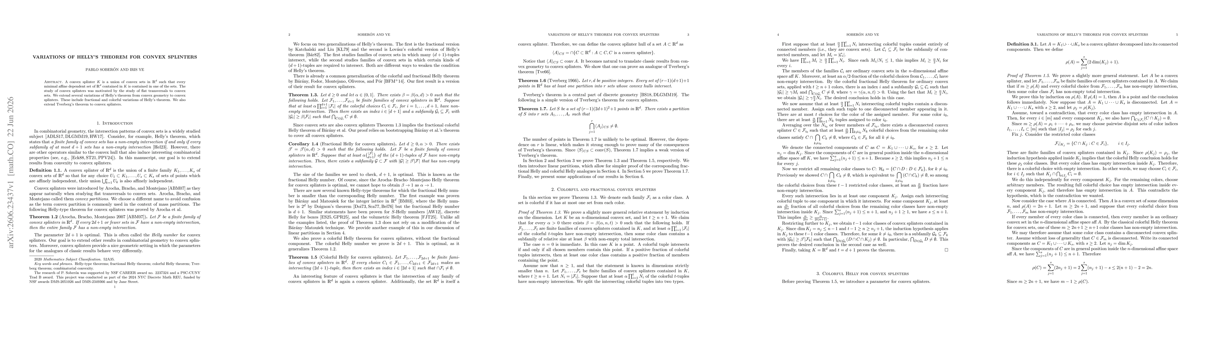 Thumbnail for Variations of Helly's theorem for convex splinters