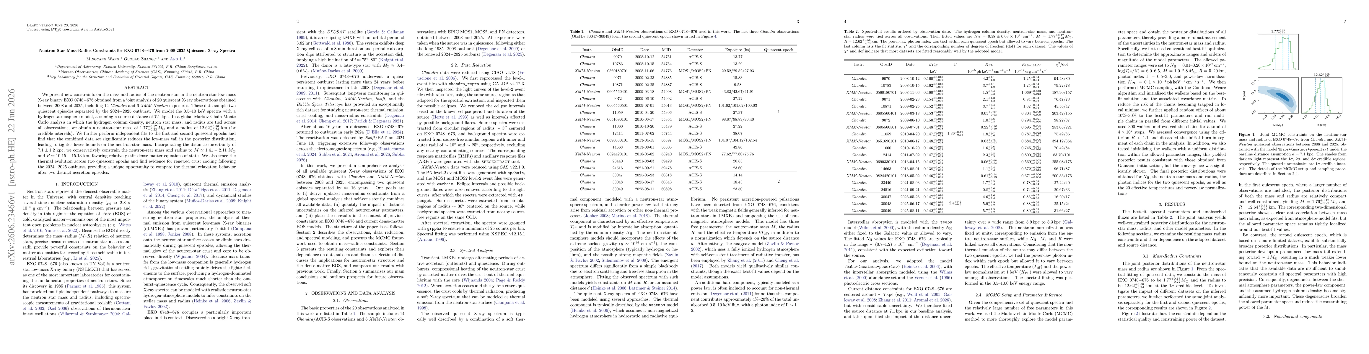Thumbnail for Neutron Star Mass-Radius Constraints for EXO 0748$-$676 from 2008-2025 Quiescent X-ray Spectra