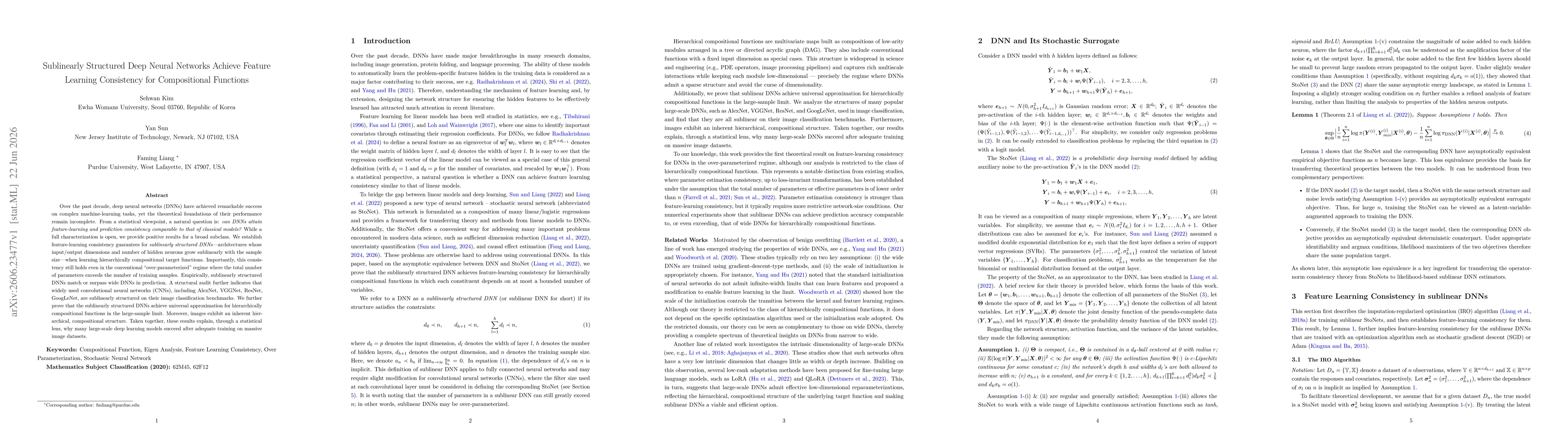 Thumbnail for Sublinearly Structured Deep Neural Networks Achieve Feature Learning Consistency for Compositional Functions