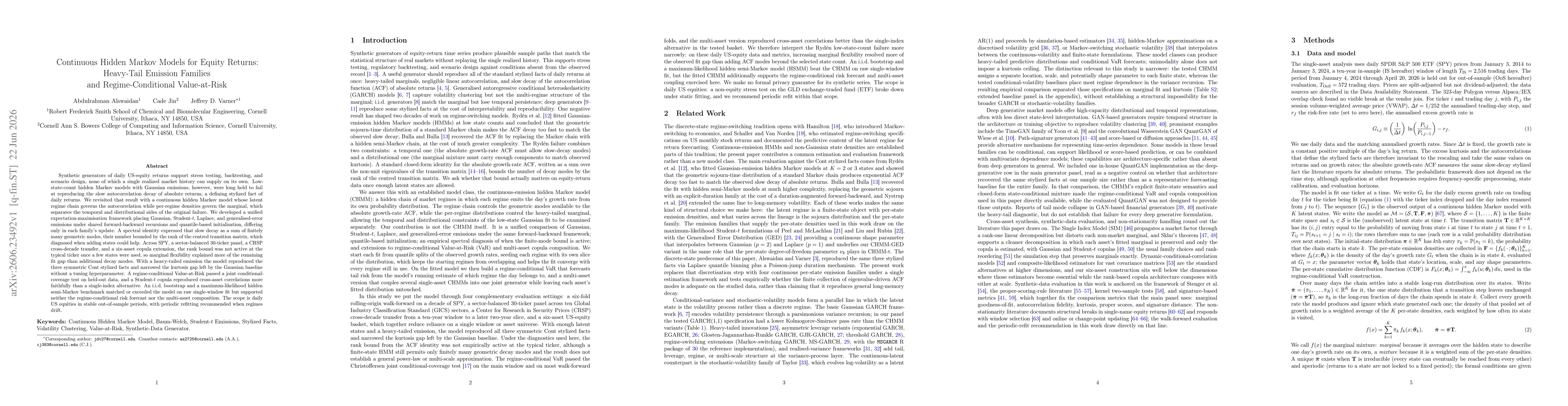 Thumbnail for Continuous Hidden Markov Models for Equity Returns: Heavy-Tail Emission Families and Regime-Conditional Value-at-Risk