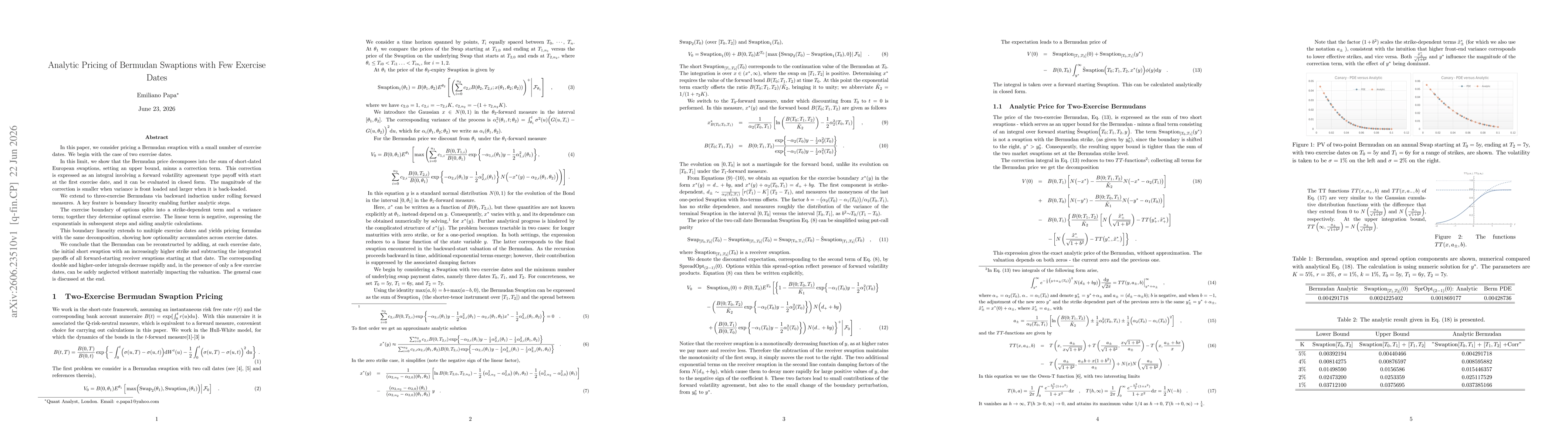 Thumbnail for Analytic Pricing of Bermudan Swaptions with Few Exercise Dates