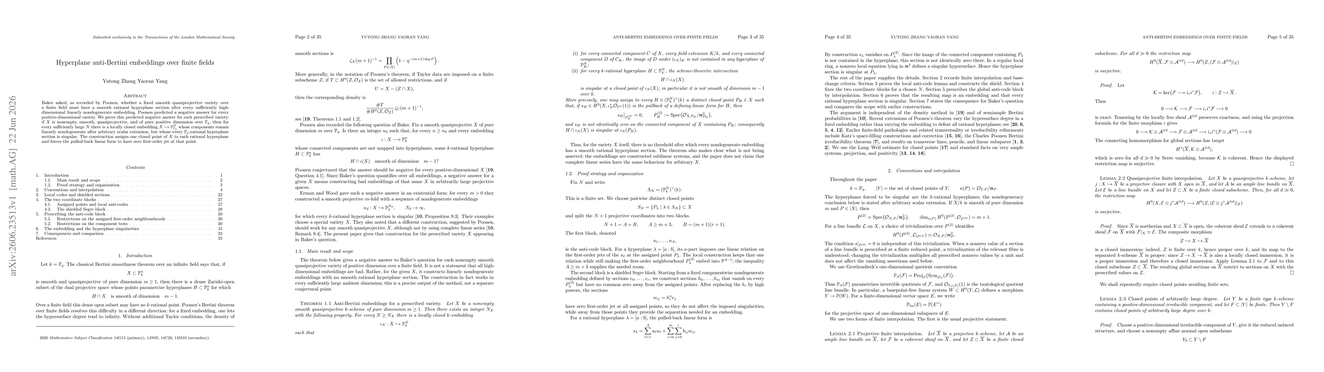 Thumbnail for Hyperplane anti-Bertini embeddings over finite fields