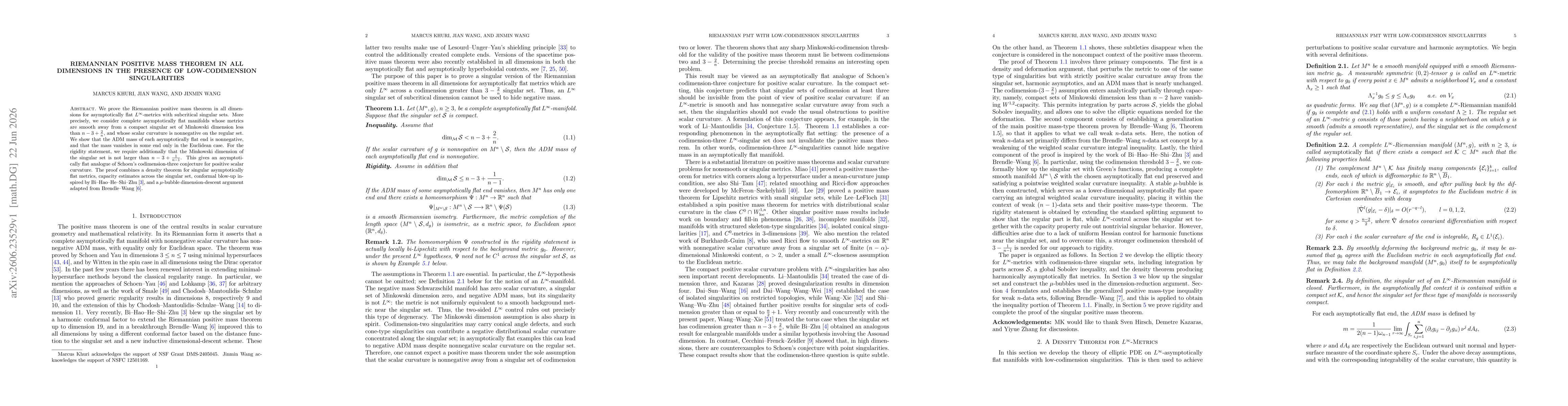 Thumbnail for Riemannian Positive Mass Theorem in All Dimensions in the Presence of Low-Codimension Singularities