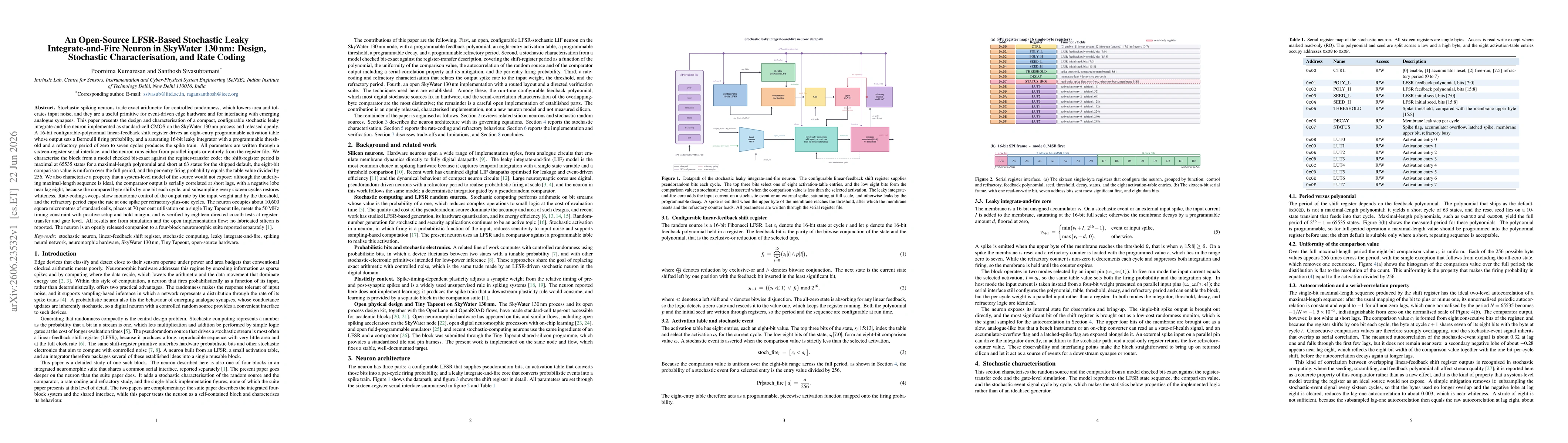 Thumbnail for An Open-Source LFSR-Based Stochastic Leaky Integrate-and-Fire Neuron in SkyWater 130 nm: Design, Stochastic Characterisation, and Rate Coding