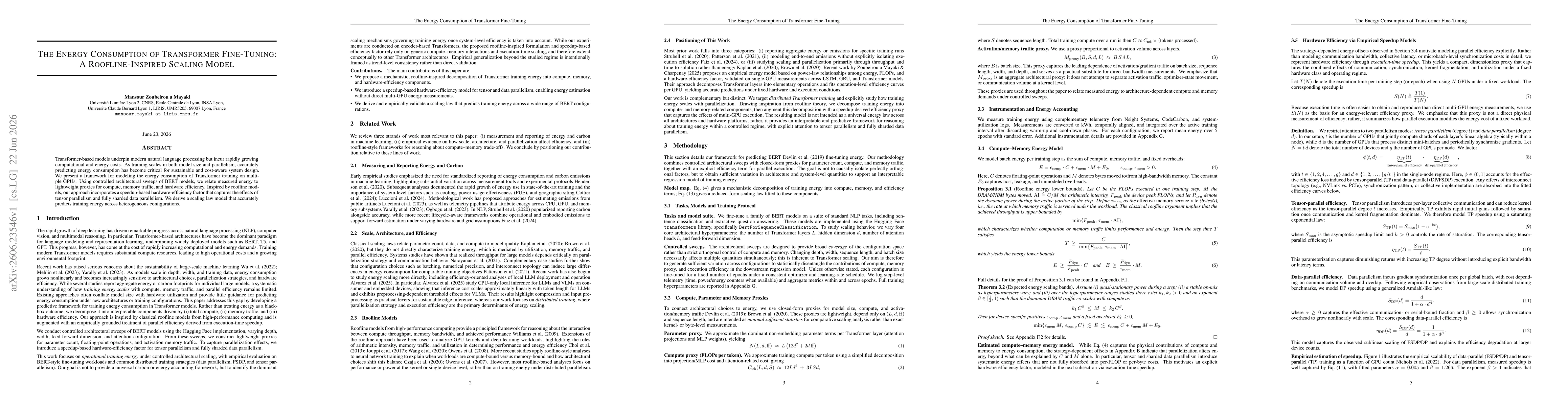 Thumbnail for The Energy Consumption of Transformer Fine-Tuning: A Roofline-Inspired Scaling Model