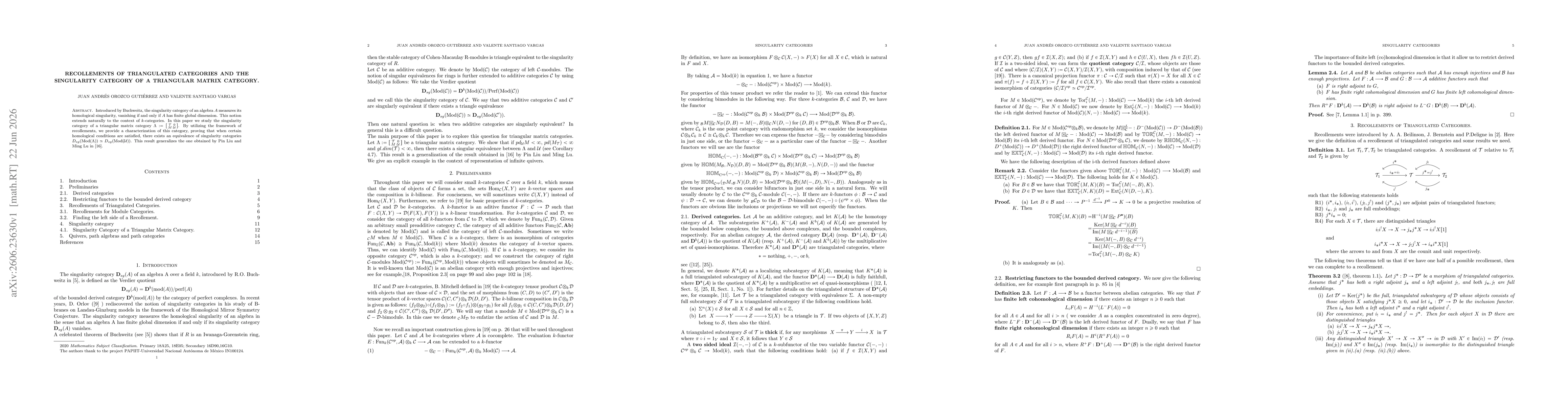 Thumbnail for Recollements of Triangulated Categories and the Singularity Category of a Triangular Matrix Category