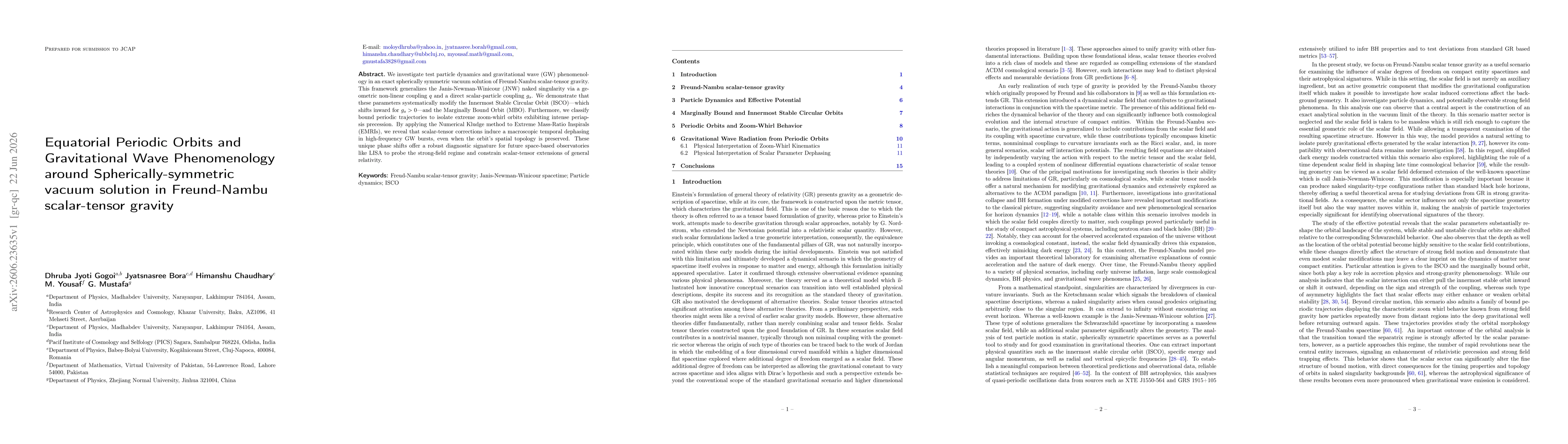 Thumbnail for Equatorial Periodic Orbits and Gravitational Wave Phenomenology around Spherically-symmetric vacuum solution in Freund-Nambu scalar-tensor gravity