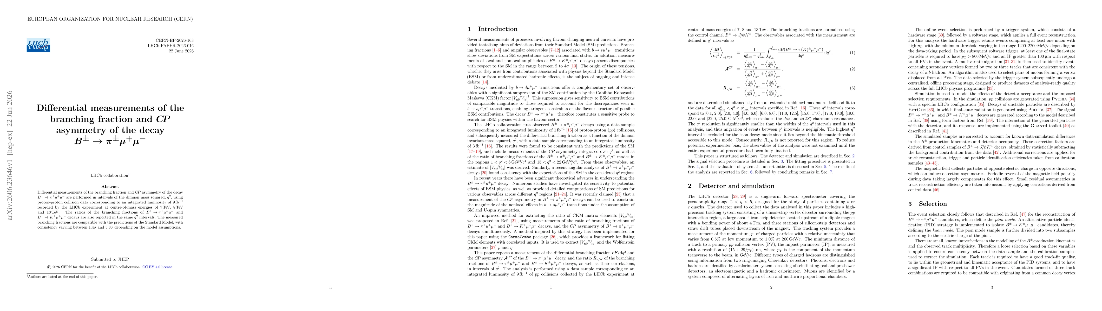 Thumbnail for Differential measurement of the branching fraction and $C\!P$ asymmetry of the decay $B^\pm\to π^\pmμ^+μ^-$