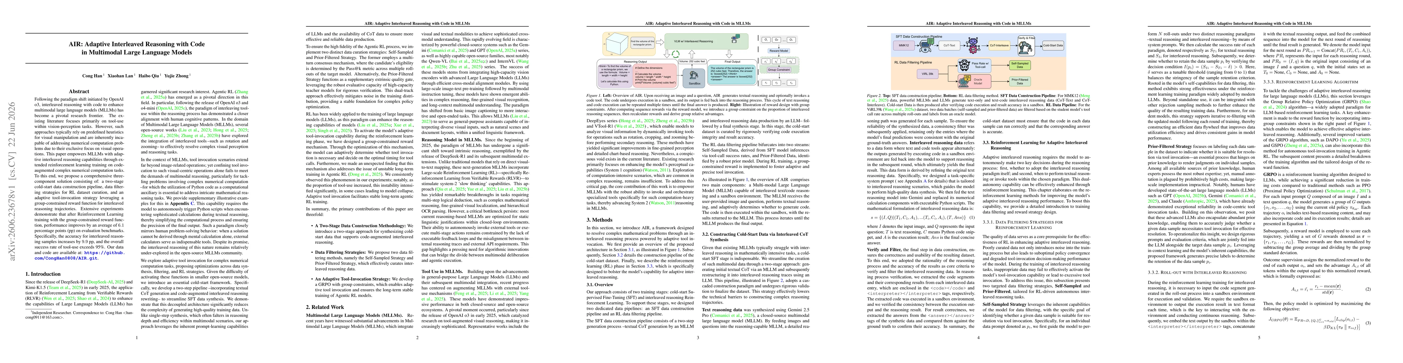 Thumbnail for AIR: Adaptive Interleaved Reasoning with Code in MLLMs