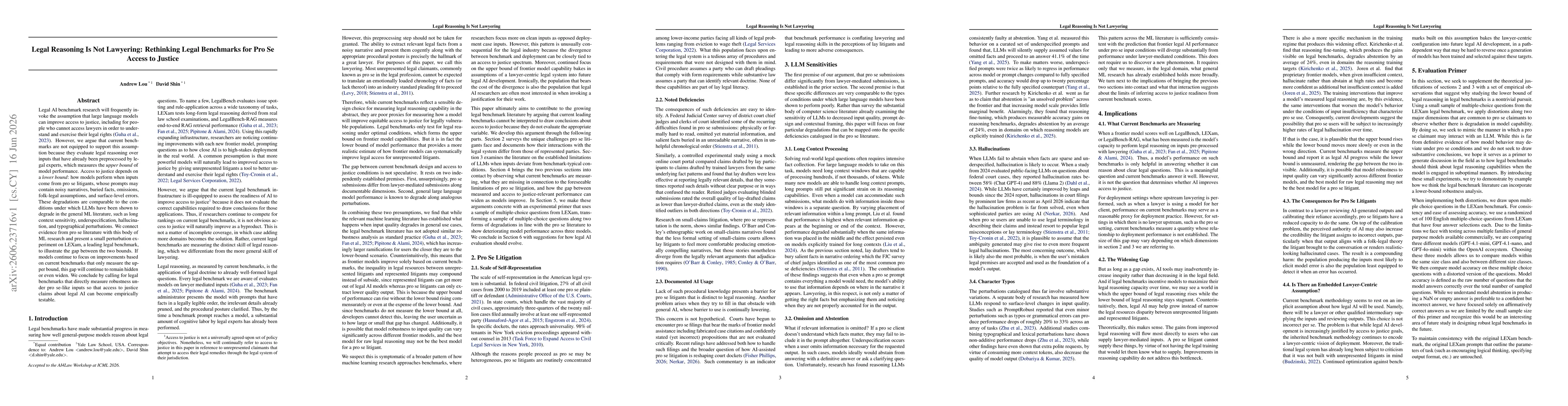 Thumbnail for Legal Reasoning Is Not Lawyering: Rethinking Legal Benchmarks for Pro Se Access to Justice