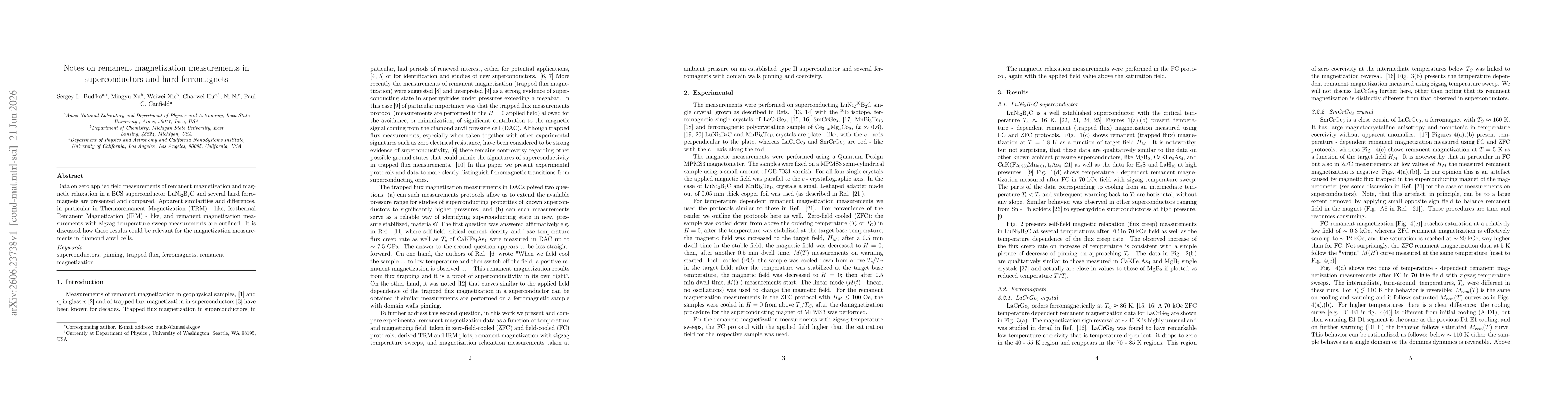 Thumbnail for Notes on remanent magnetization measurements in superconductors and hard ferromagnets