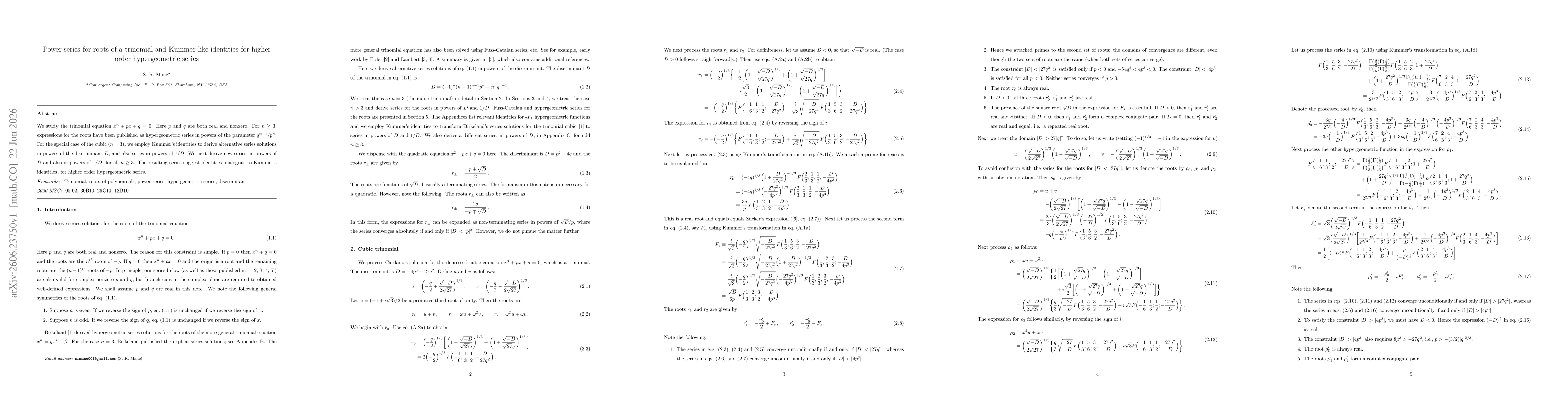Thumbnail for Power series for roots of a trinomial and Kummer-like identities for higher order hypergeometric series