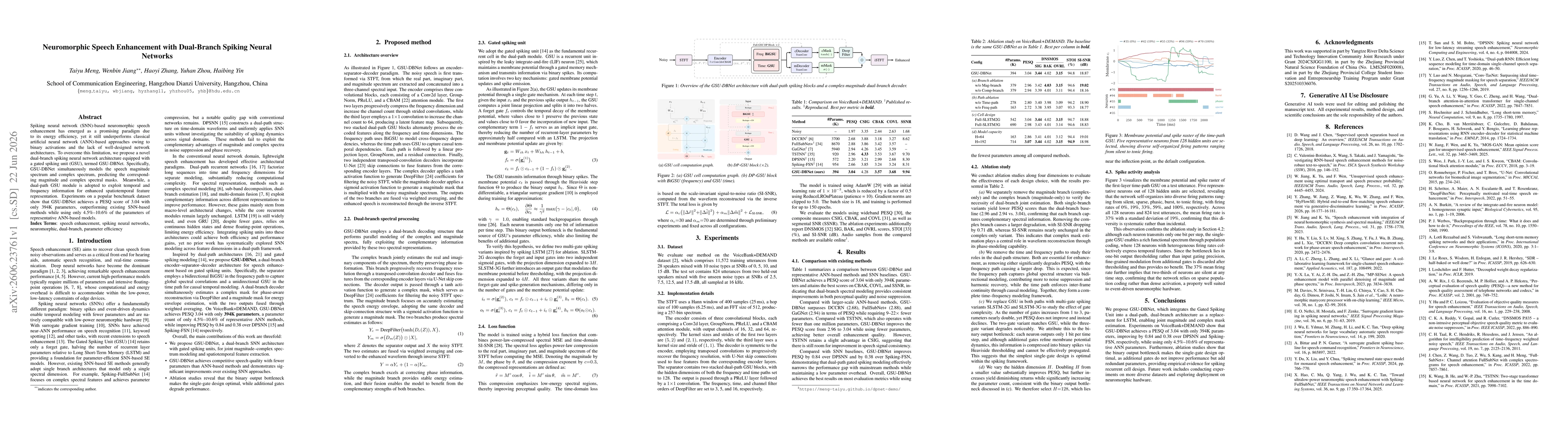 Thumbnail for Neuromorphic Speech Enhancement with Dual-Branch Spiking Neural Networks