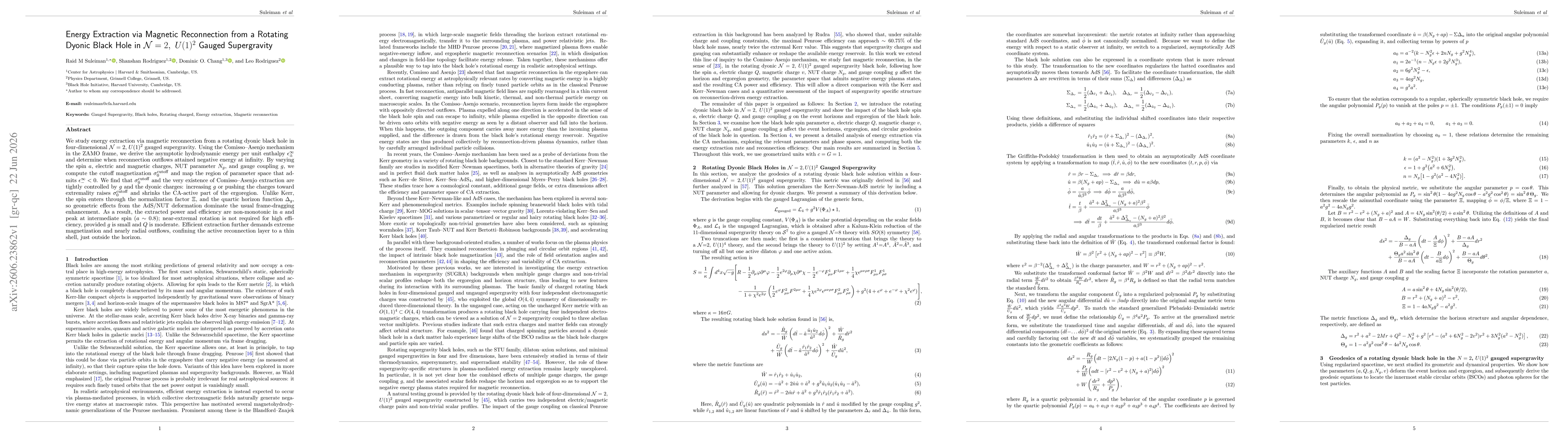 Thumbnail for Energy Extraction via Magnetic Reconnection from a Rotating Dyonic Black Hole in $N = 2, \ U(1)^2$ Gauged Supergravity