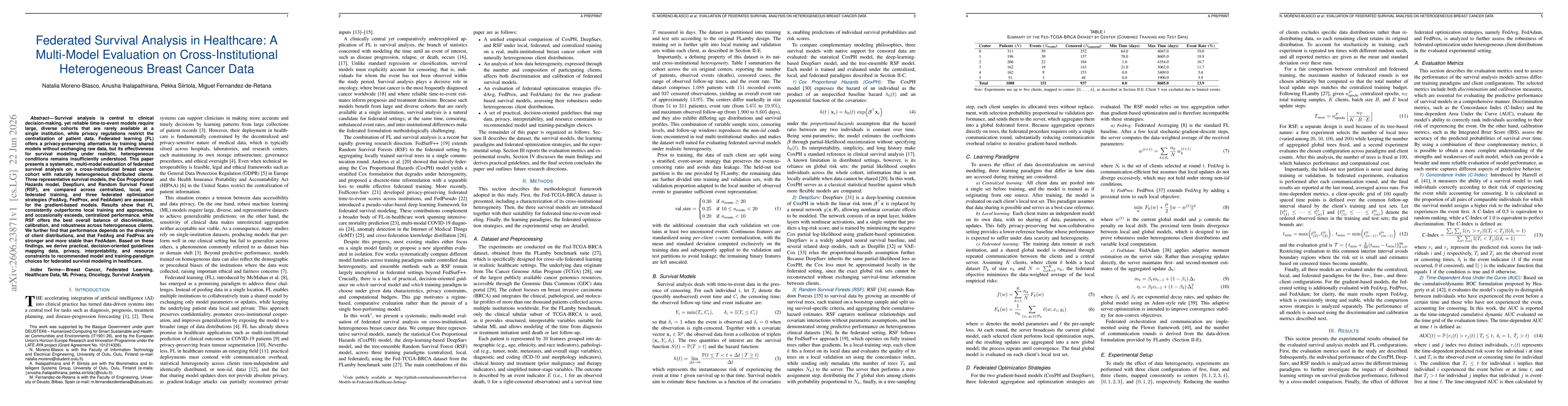 Thumbnail for Federated Survival Analysis in Healthcare: A Multi-Model Evaluation on Cross-Institutional Heterogeneous Breast Cancer Data