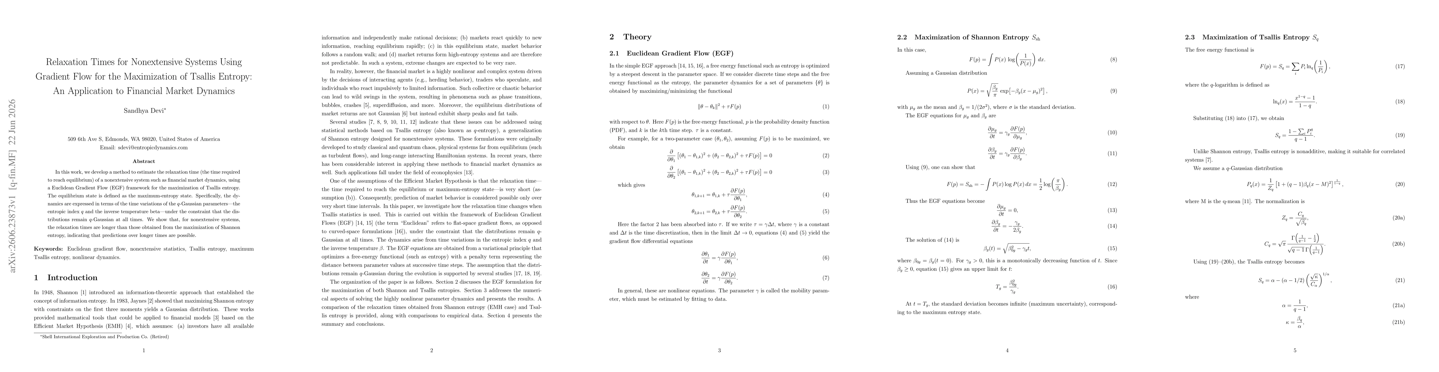 Thumbnail for Relaxation Times for Nonextensive Systems Using Gradient Flow for the Maximization of Tsallis Entropy: An Application to Financial Market Dynamics