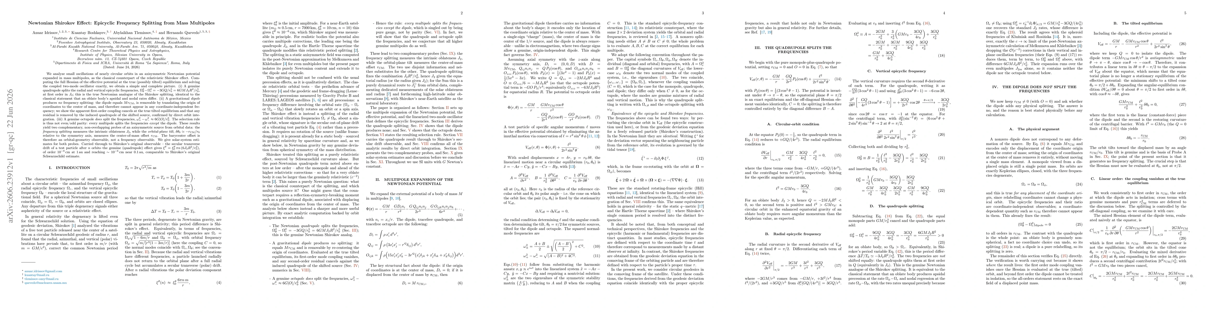 Thumbnail for Newtonian Shirokov Effect: Epicyclic Frequency Splitting from Mass Multipoles