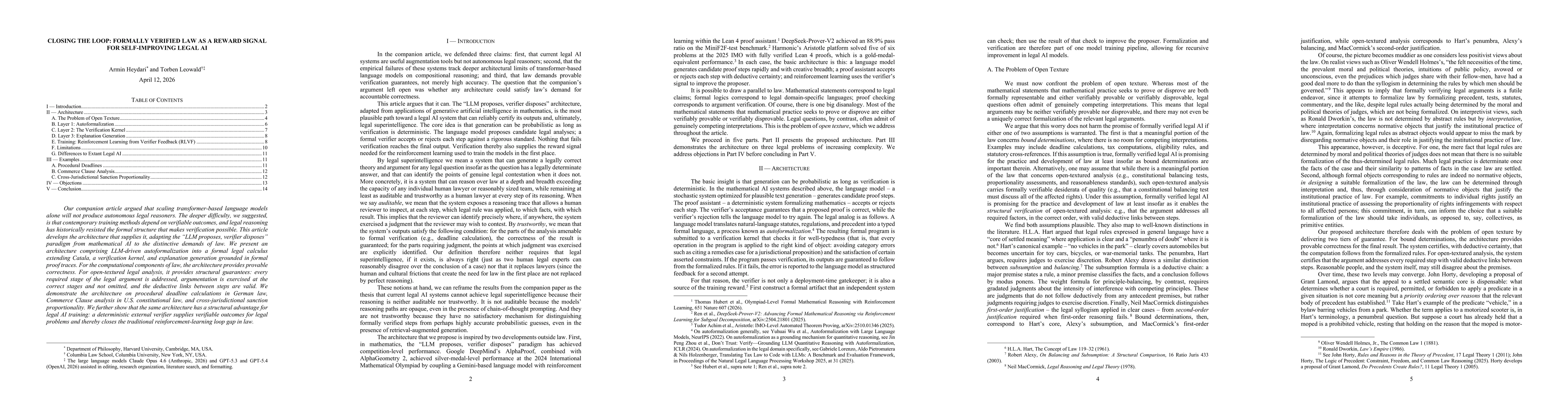 Thumbnail for Closing the Loop: Formally Verified Law as a Reward Signal for Self-Improving Legal AI