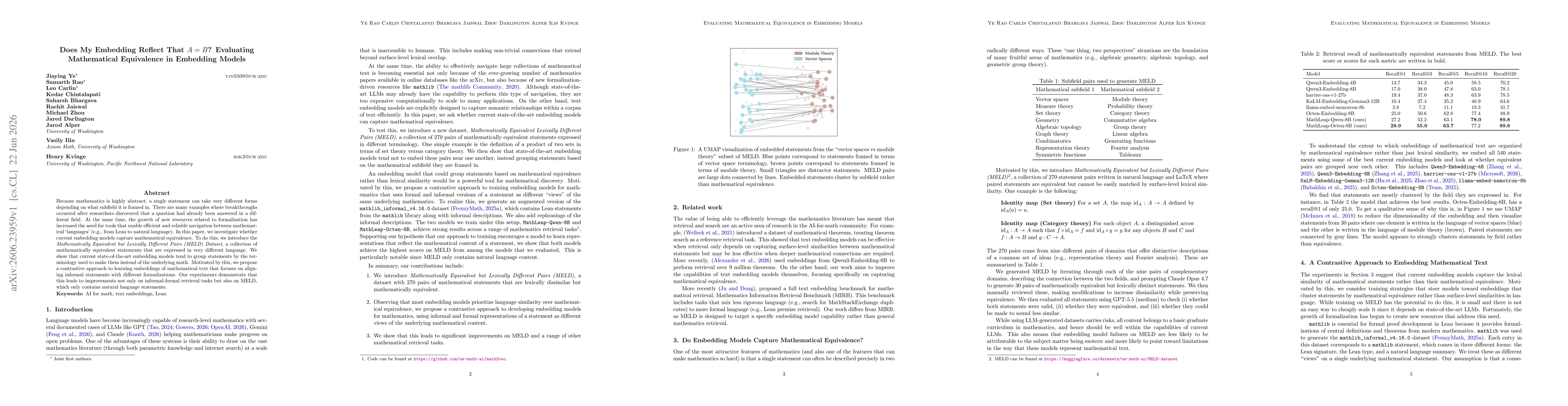 Thumbnail for Does My Embedding Reflect That $A = B$? Evaluating Mathematical Equivalence in Embedding Models