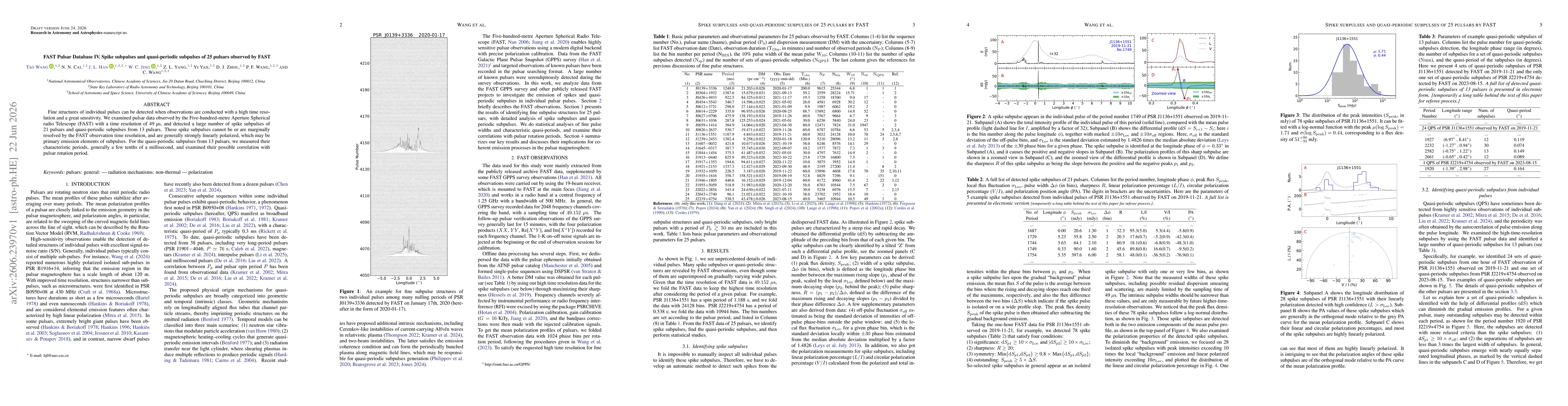 Thumbnail for FAST Pulsar Database IV. Spike subpulses and quasi-periodic subpulses of 25 pulsars observed by FAST