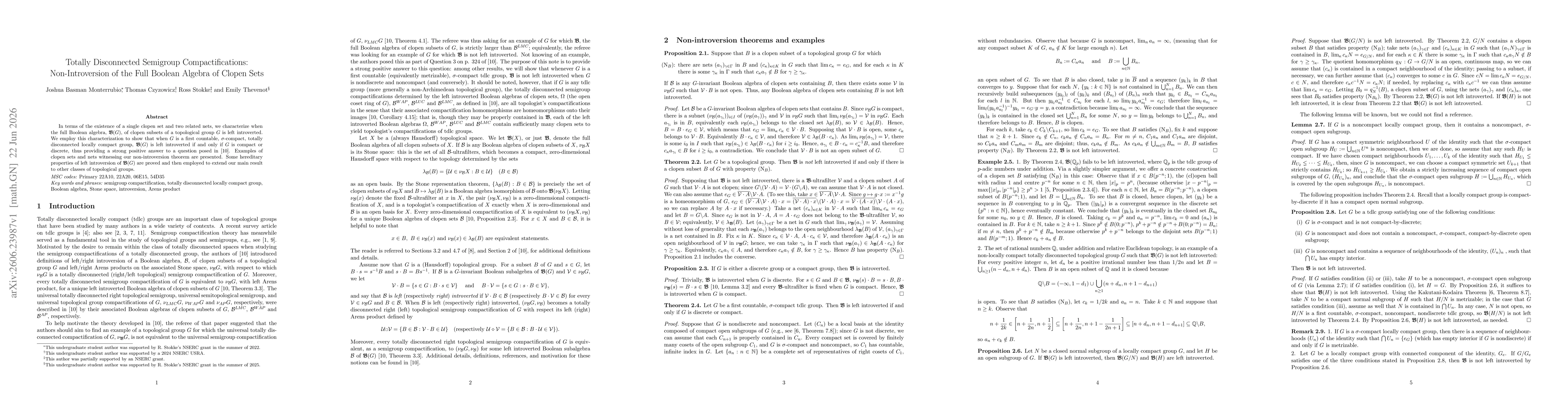 Thumbnail for Totally Disconnected Semigroup Compactifications: Non-Introversion of the Full Boolean Algebra of Clopen Sets