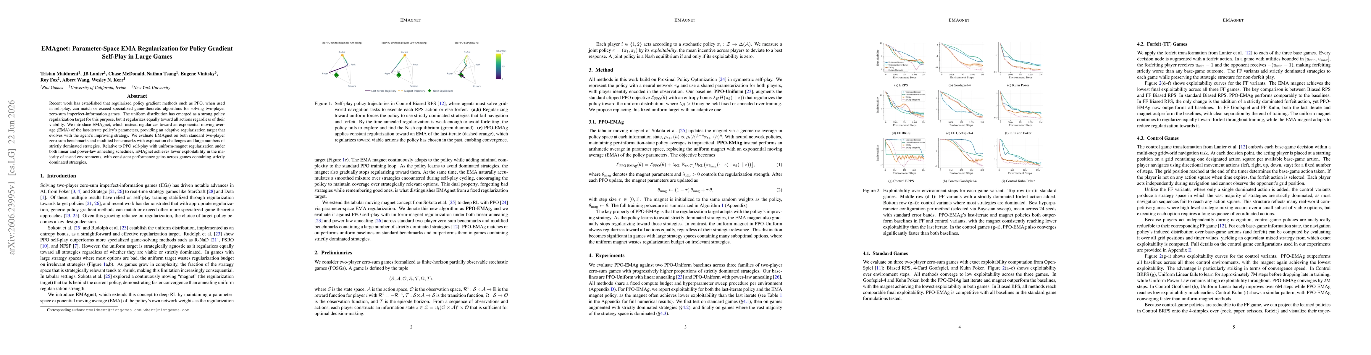 Thumbnail for EMAgnet: Parameter-Space EMA Regularization for Policy Gradient Self-Play in Large Games