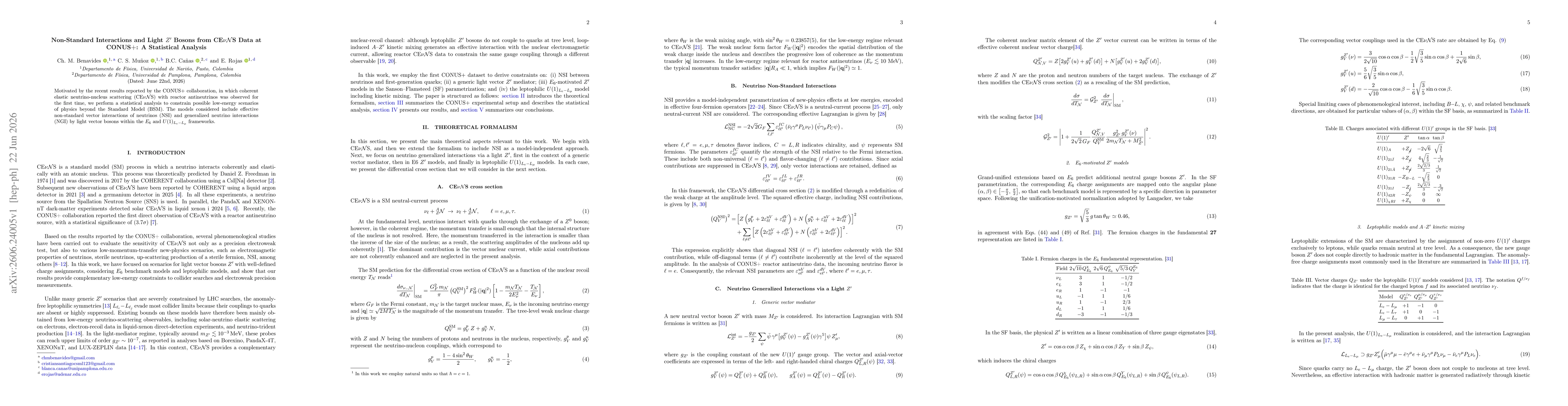 Thumbnail for Non-Standard Interactions and Light Z' Bosons from CEvNS Data at CONUS+: A Statistical Analysis
