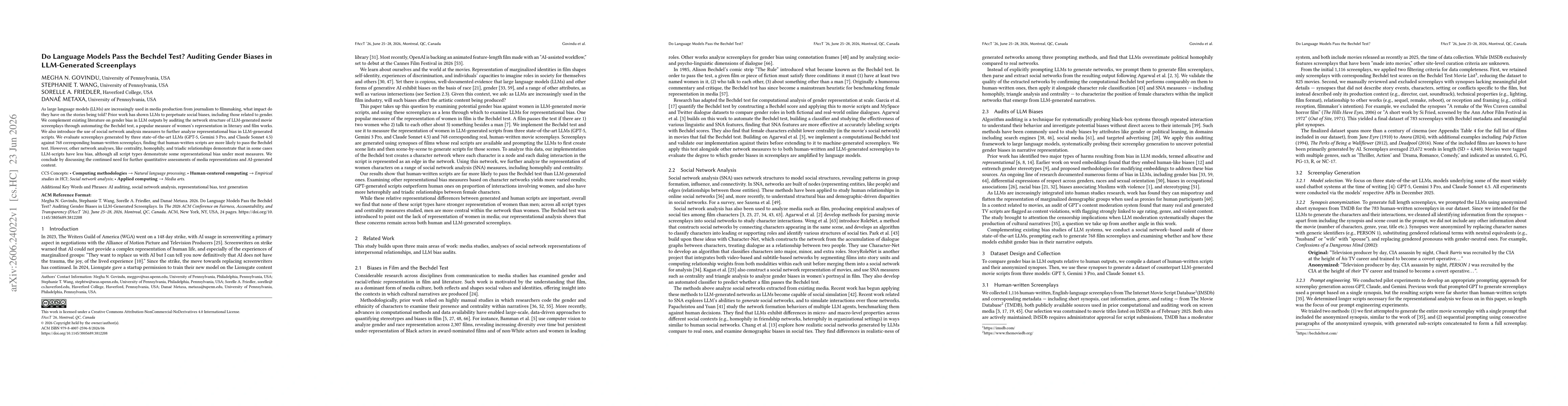 Thumbnail for Do Language Models Pass the Bechdel Test? Auditing Gender Biases in LLM-Generated Screenplays