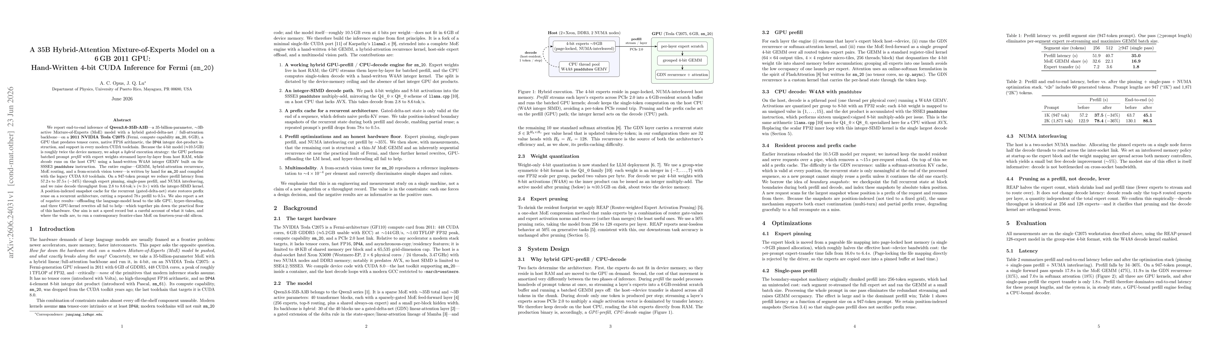 Thumbnail for A 35B Hybrid-Attention Mixture-of-Experts Model on a 6GB 2011 GPU: Hand-Written 4-bit CUDA Inference for Fermi