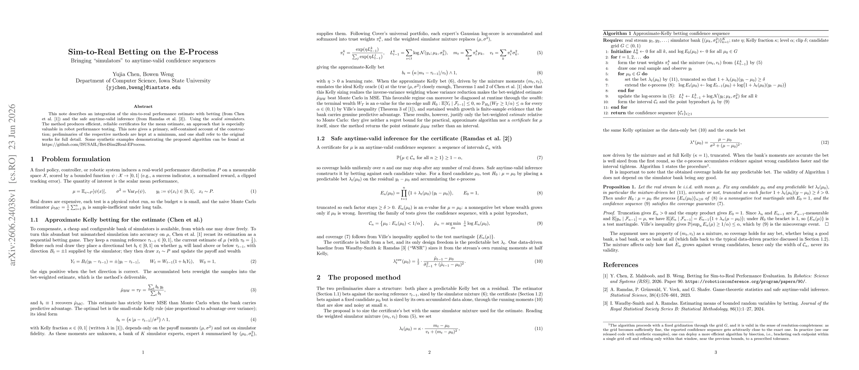 Thumbnail for Sim-to-Real Betting on the E-Process: Bringing "simulators" to anytime-valid confidence sequences