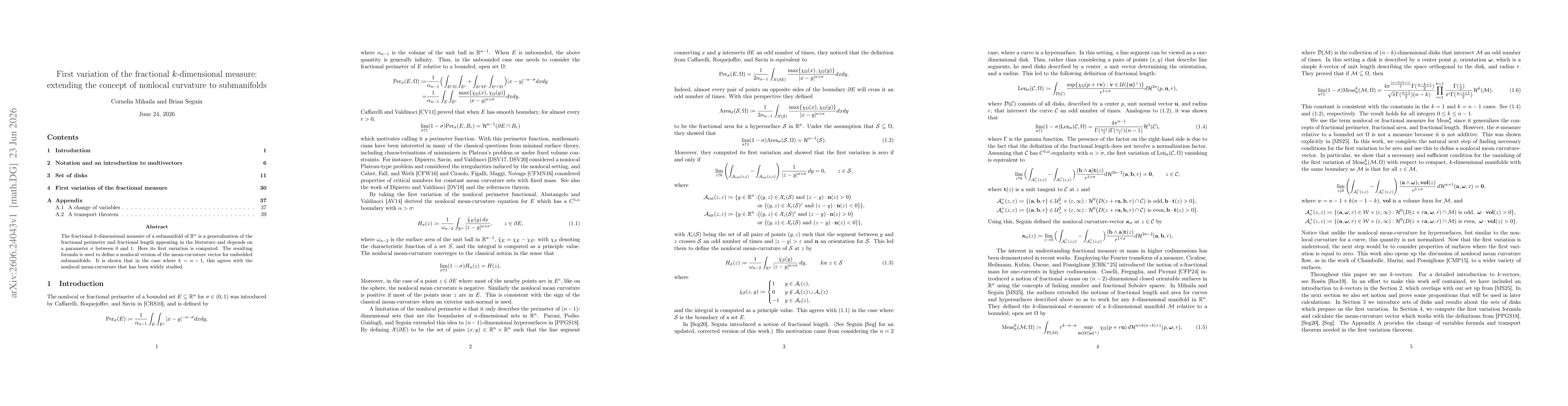 Thumbnail for First variation of the fractional $k$-dimensional measure: extending the concept of nonlocal curvature to submanifolds