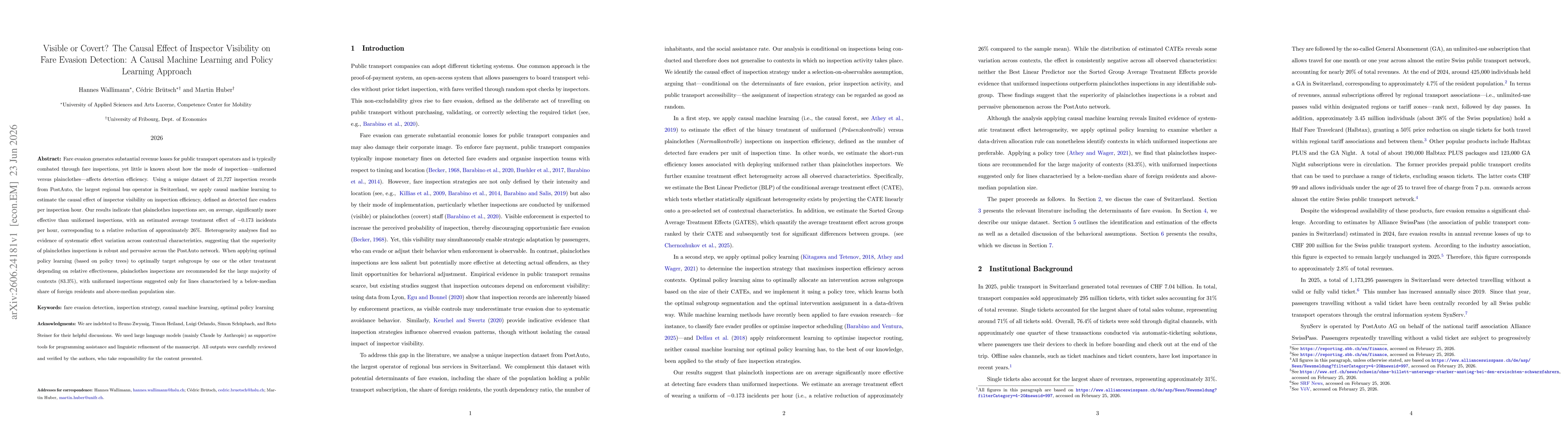 Thumbnail for Visible or Covert? The Causal Effect of Inspector Visibility on Fare Evasion Detection: A Causal Machine Learning and Policy Learning Approach
