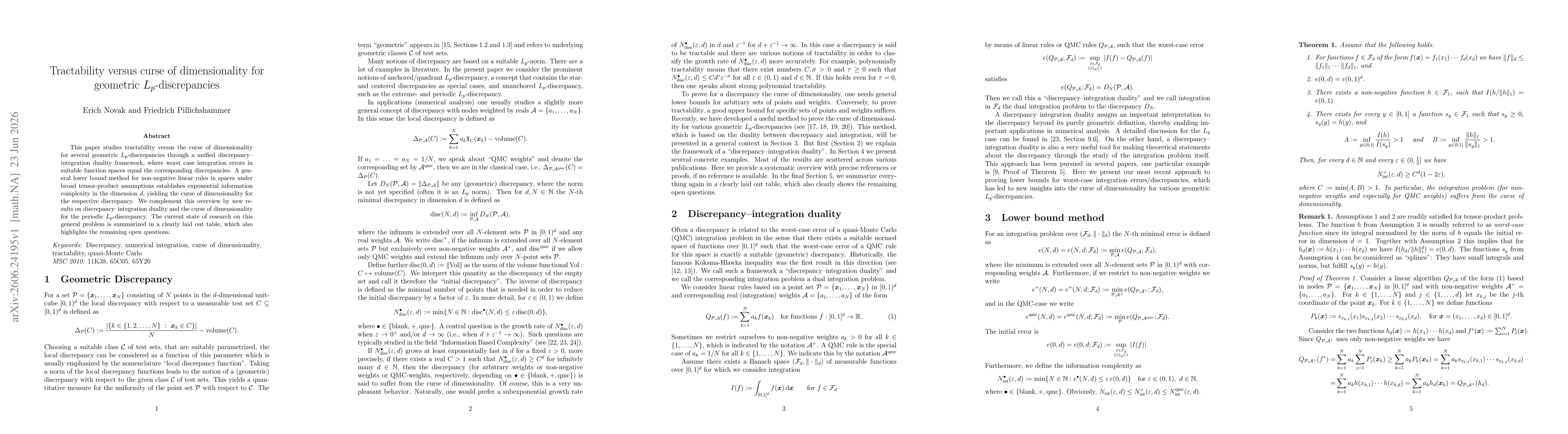 Thumbnail for Tractability versus curse of dimensionality for geometric $L_p$-discrepancies