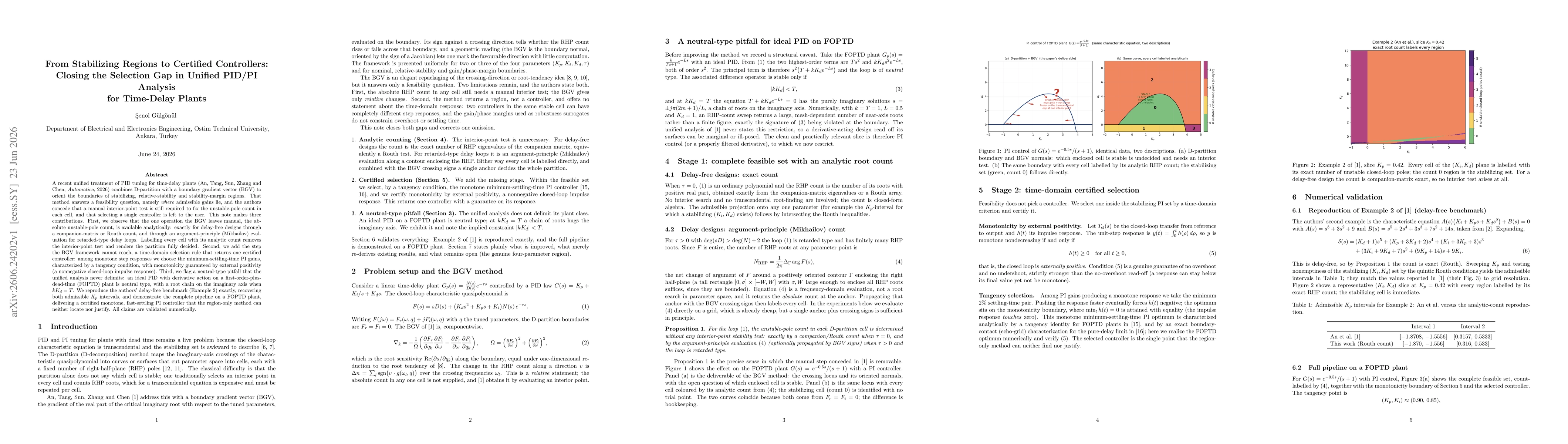 Thumbnail for From Stabilizing Regions to Certified Controllers: Closing the Selection Gap in Unified PID/PI Analysis for Time-Delay Plants