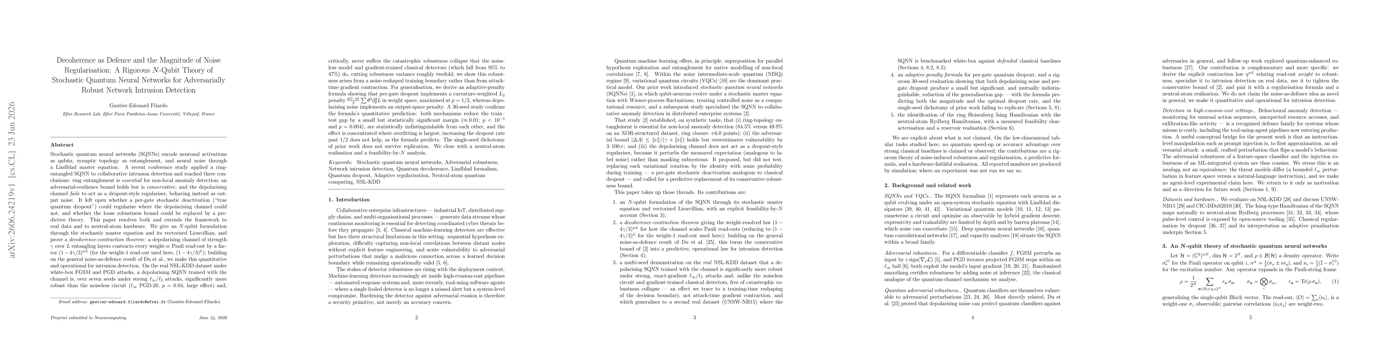 Thumbnail for Decoherence as Defence and the Magnitude of Noise Regularisation: A Rigorous N -Qubit Theory of Stochastic Quantum Neural Networks for Adversarially Robust Network Intrusion Detection