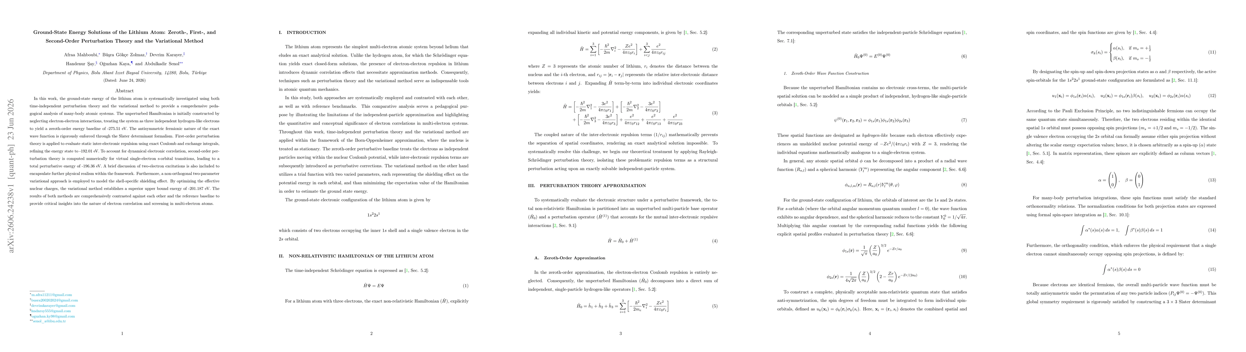 Thumbnail for Ground-State Energy Solutions of the Lithium Atom: Zeroth-, First-, and Second-Order Perturbation Theory and the Variational Method